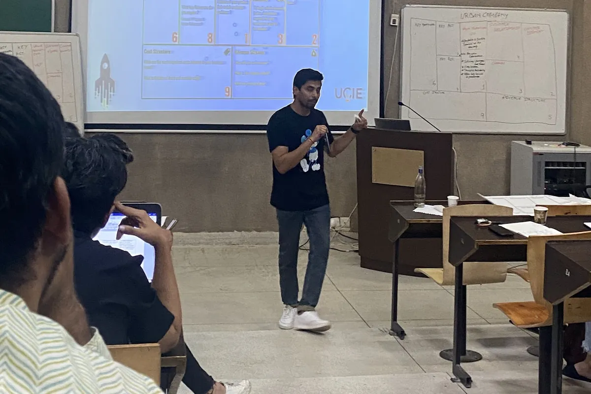 Rajeev Pandey walking a classroom through a business model canvas