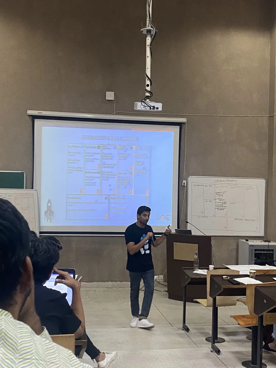 Rajeev Pandey walking a classroom through a business model canvas